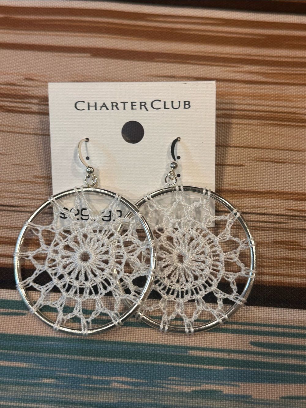 Charter Club White Crochet Boho Dangle Hoop Earrings